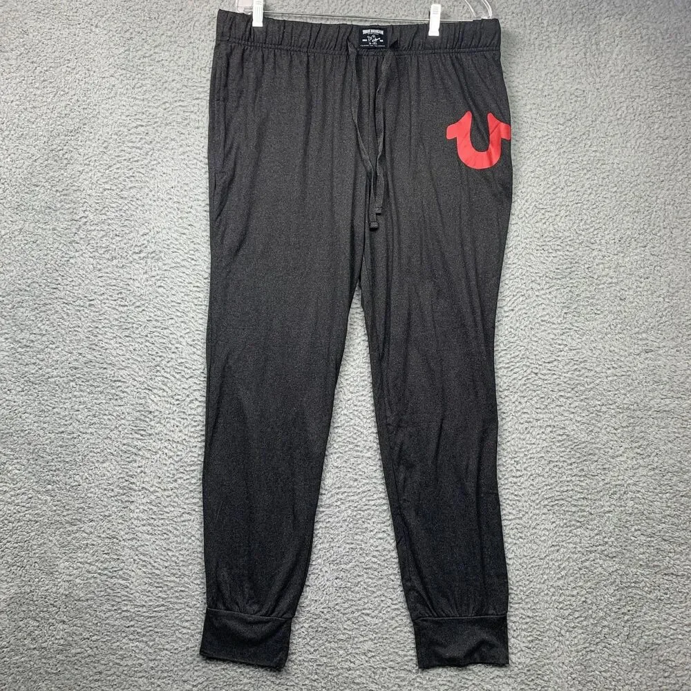True Religion Pants Mens L Gray Lounge Jogger Drawstring Cuffed Logo Comfy